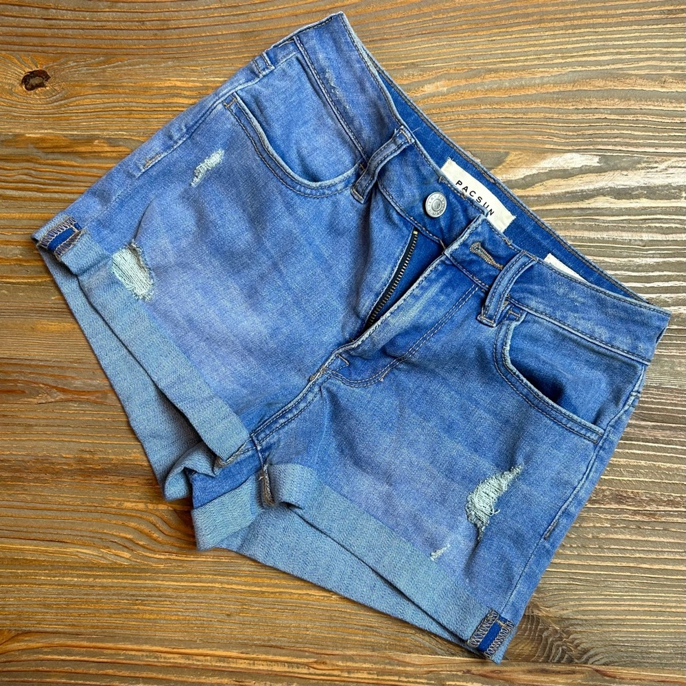 PacSun High Rise Super Stretch Shortie Blue Denim Shorts